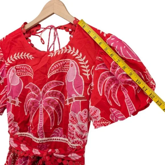 FARM Rio Summer Sunrise Midi Dress Red Short Sleeve Belted Back Cut Out Size S - Picture 9 of 13